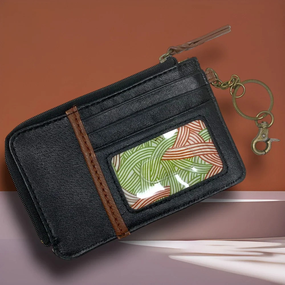 Sakroots Black Leather Slim Wallet Card Holder Keychain Zip Coin Pouch Organizer